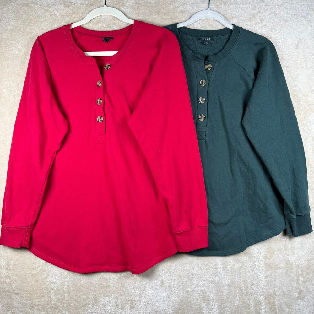 Torrid Womens Plus Size 1 Henley Sweatshirt Lot of 2 Red Green‎ Fleece Raglan